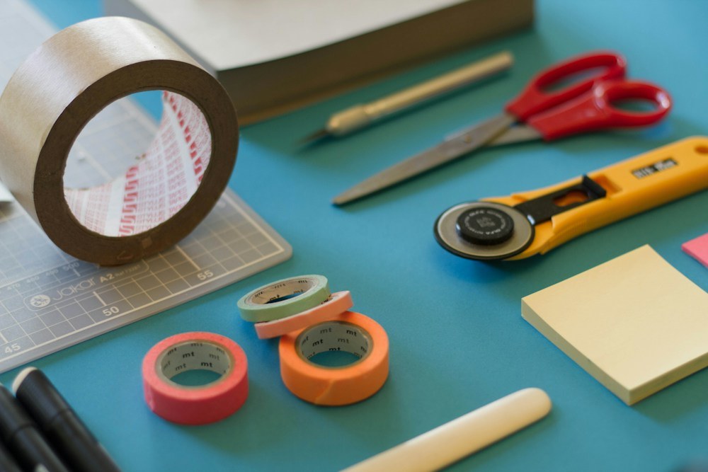 Design studio with fabrics, tools and works in progress