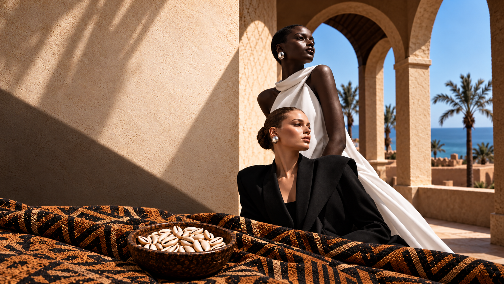 Two models in black tailoring and white draped couture beside patterned cloth and cowrie shells in a sunlit courtyard