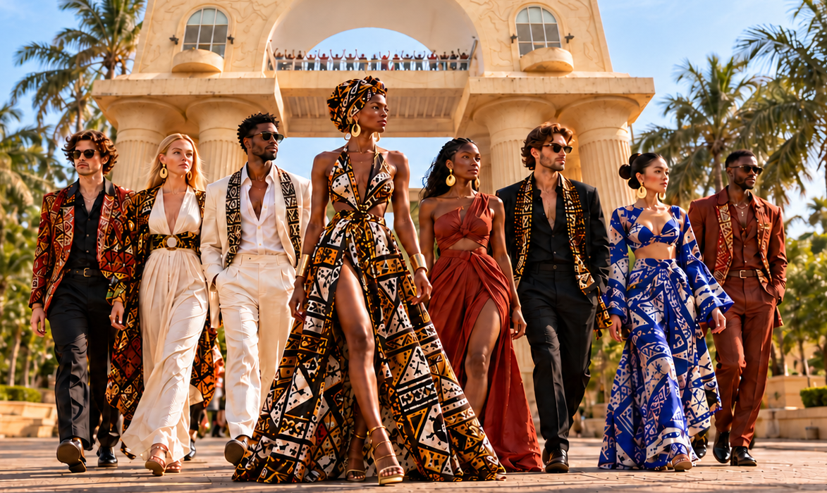 A group of models in colourful contemporary fashion walking beneath a monumental arch