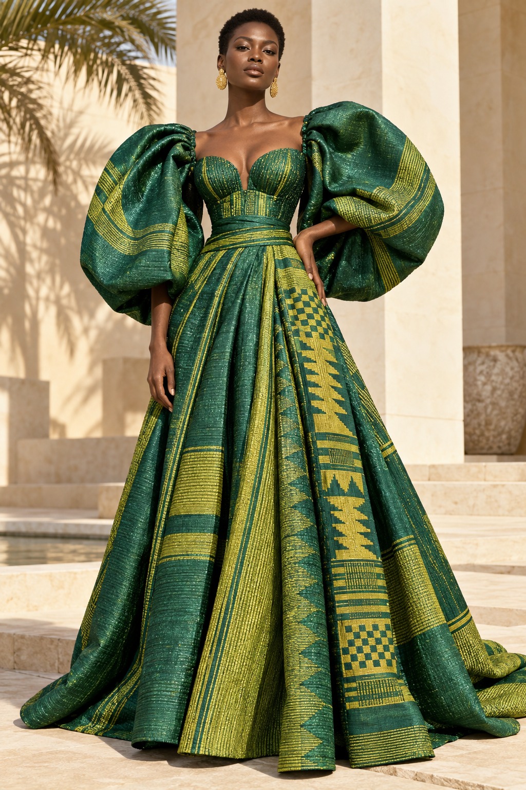 Editorial campaign concept: a model in sculptural green African-inspired couture